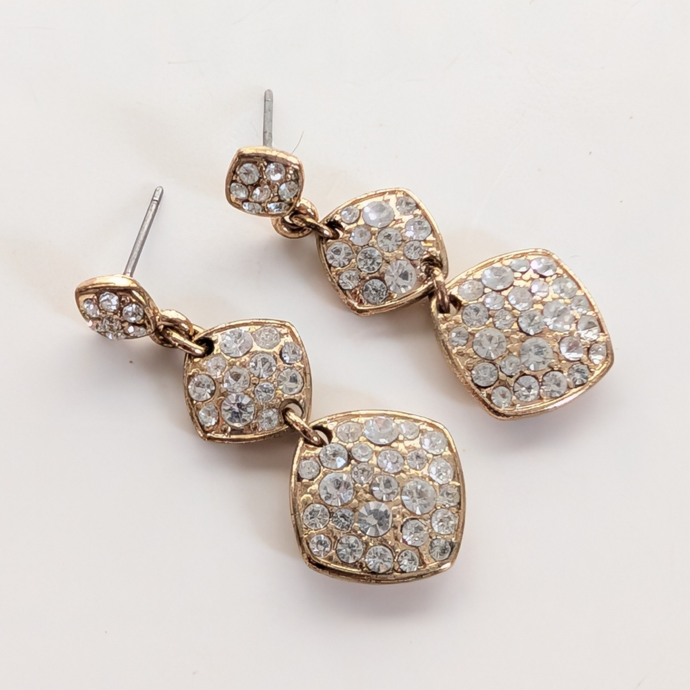 Vintage Estate Gold Tone Pave Rhinestone Elegant Dangle Post Pierced Earrings